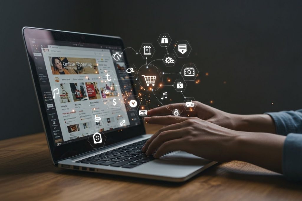 A person's hands typing on a laptop displaying an online shopping or e-commerce website, overlaid with floating digital icons representing business and technology.