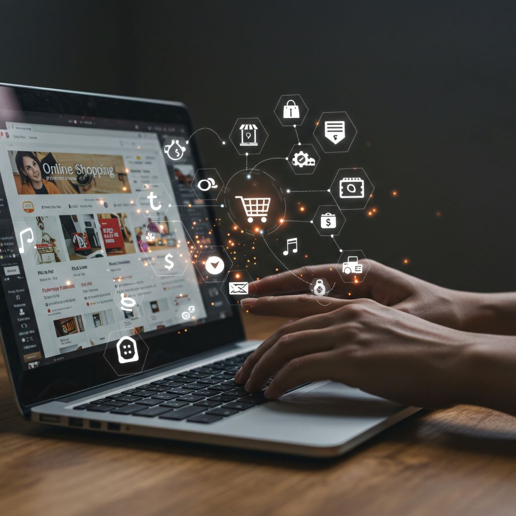 A person's hands typing on a laptop displaying an online shopping or e-commerce website, overlaid with floating digital icons representing business and technology.