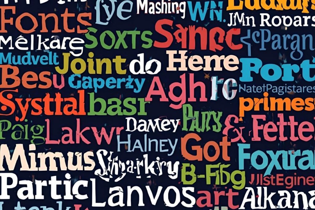 A dark blue background filled with many brightly colored and differently styled words and letters representing various font types or typography.