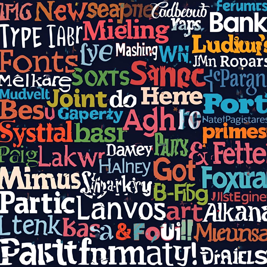 A dark blue background filled with many brightly colored and differently styled words and letters representing various font types or typography.