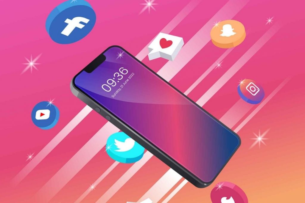 An isometric illustration of a smartphone screen surrounded by 3D social media icons like Facebook, Snapchat, Twitter, and Instagram, on a pink and orange background.