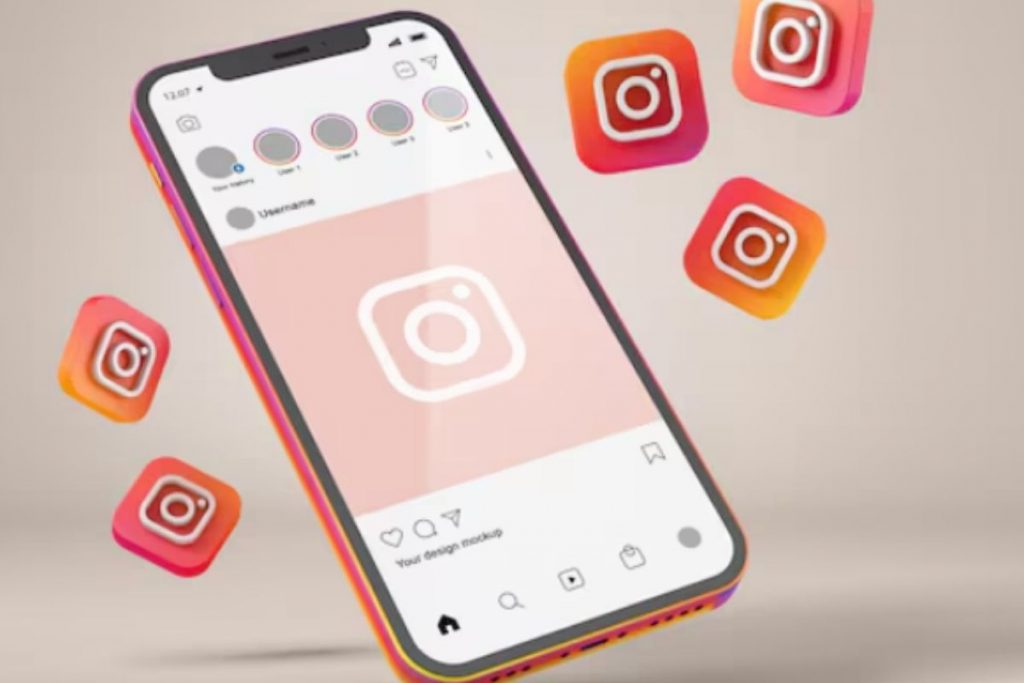 An illustration of a floating smartphone displaying the Instagram feed interface, surrounded by four orange and red 3D Instagram icon logos.