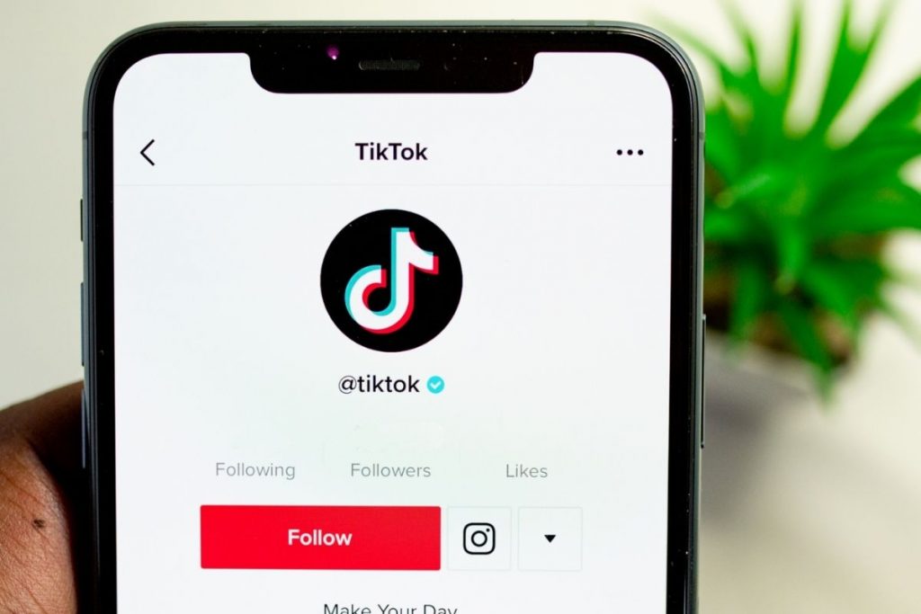 A close-up of a smartphone screen displaying the TikTok app profile page, showing the black and red logo, the username "@tiktok" with a blue verified checkmark, and a red 'Follow' button.
