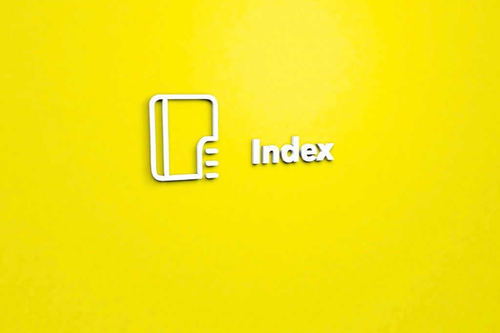A white 3D outline icon of a book or document with a folded corner and three horizontal lines, next to the white 3D text "Index" on a solid yellow background.