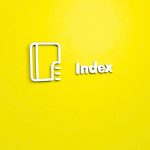 A white 3D outline icon of a book or document with a folded corner and three horizontal lines, next to the white 3D text "Index" on a solid yellow background.