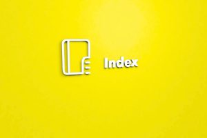 A white 3D outline icon of a book or document with a folded corner and three horizontal lines, next to the white 3D text "Index" on a solid yellow background.