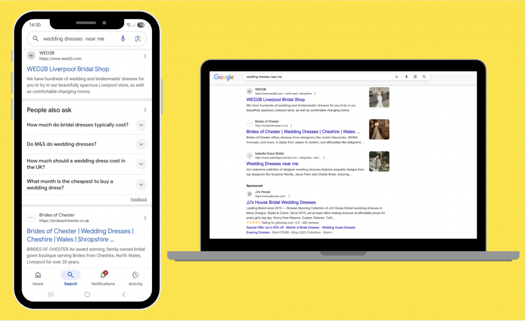 A comparison of a Google search results page for "wedding dresses near me" shown on both a mobile phone and a laptop. The mobile view is a long scroll of text results, while the desktop view has images and multiple listings side by side.