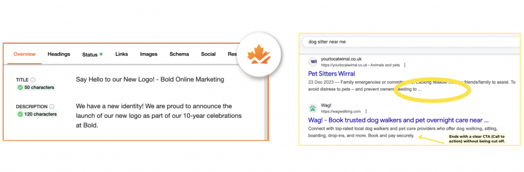 A two-part image showing an SEO dashboard on the left and a Google search results page on the right. The dashboard highlights a website's title and description. The search page shows two results for "dog sitter near me," with an arrow pointing to the meta description of the second result.