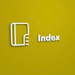 A white 3D outline icon of a book or document with a folded corner and three horizontal lines, next to the white 3D text "Index" on a solid yellow background.