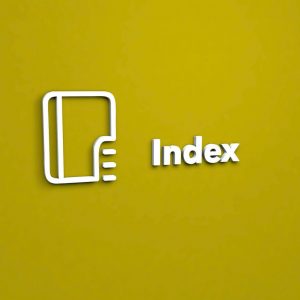A white 3D outline icon of a book or document with a folded corner and three horizontal lines, next to the white 3D text "Index" on a solid yellow background.