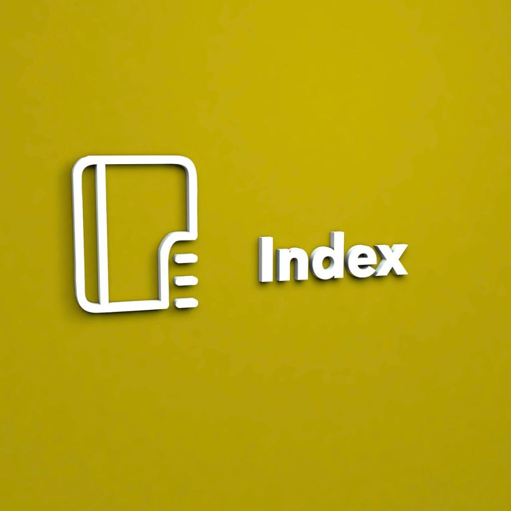 A white 3D outline icon of a book or document with a folded corner and three horizontal lines, next to the white 3D text "Index" on a solid yellow background.