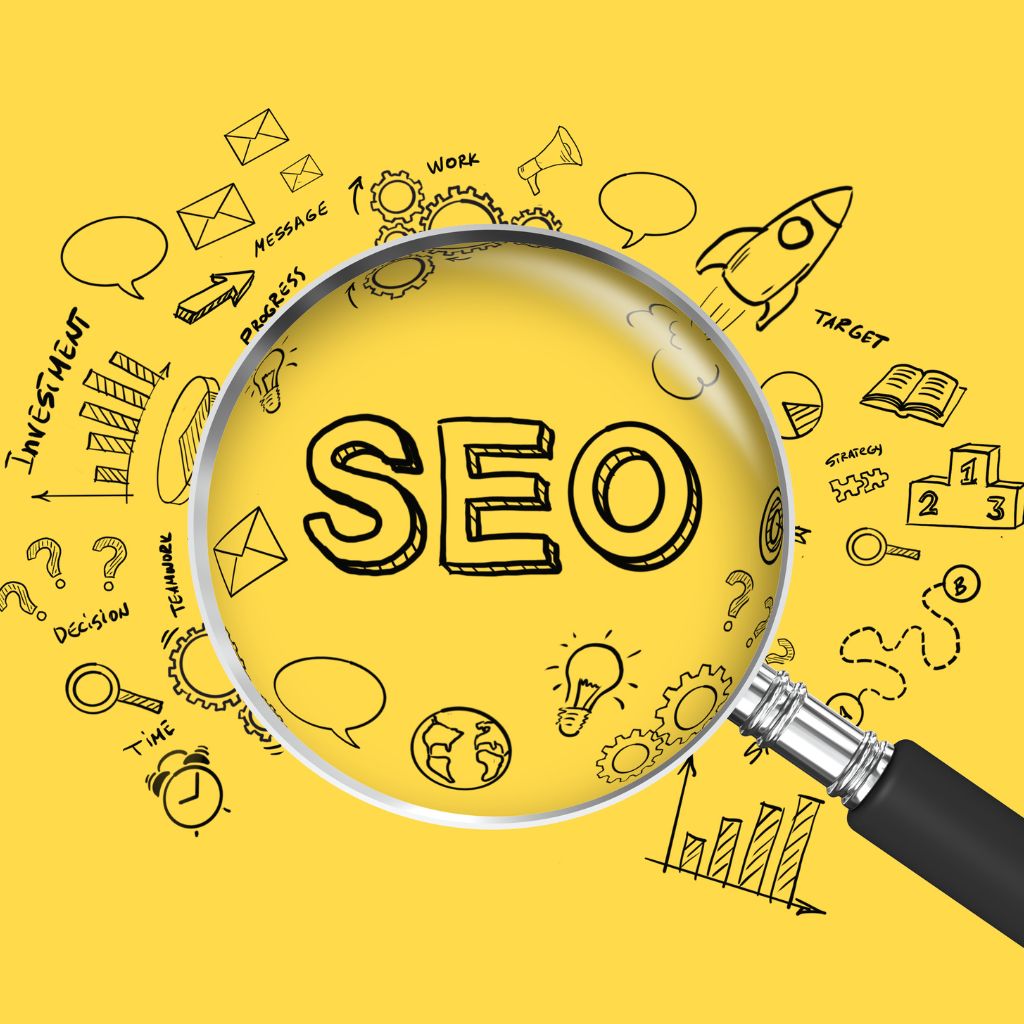 A hand-drawn illustration on a yellow background shows a magnifying glass with the letters "SEO" at its center. The magnifying glass is surrounded by various icons related to marketing, business, and technology, such as a rocket, lightbulb, and graphs.