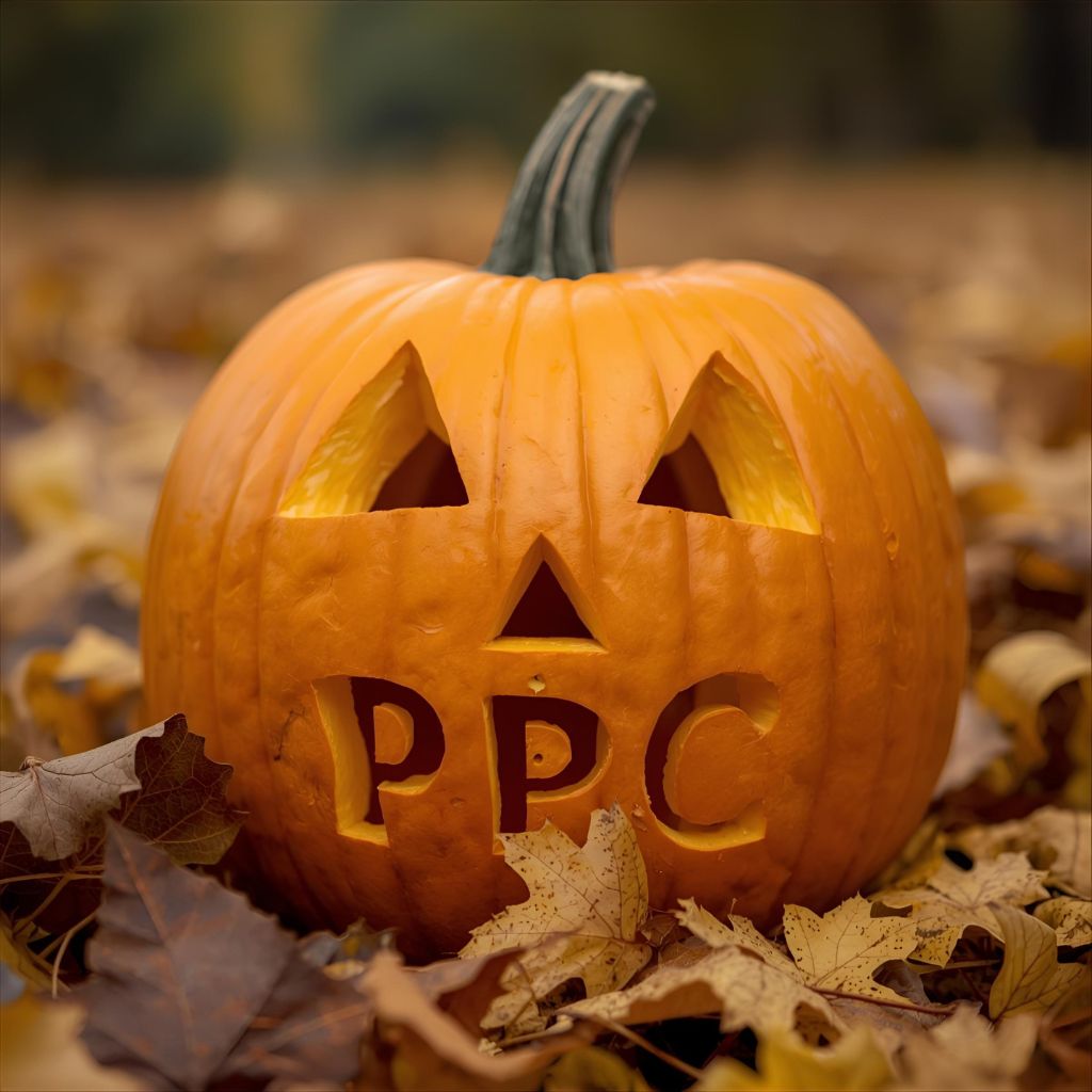 Carved Halloween pumpkin resting on autumn leaves with the letters 'PPC' carved into the front.