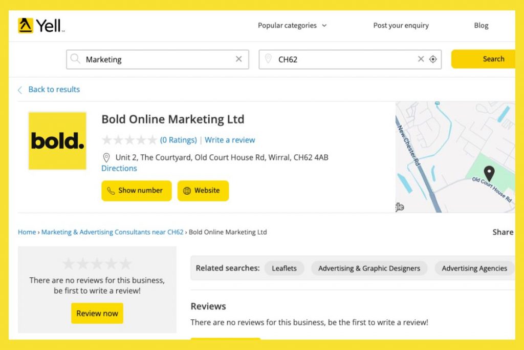 A screenshot of the Yell.com business listing for Bold Online Marketing Ltd, showing their Wirral address and contact information.
