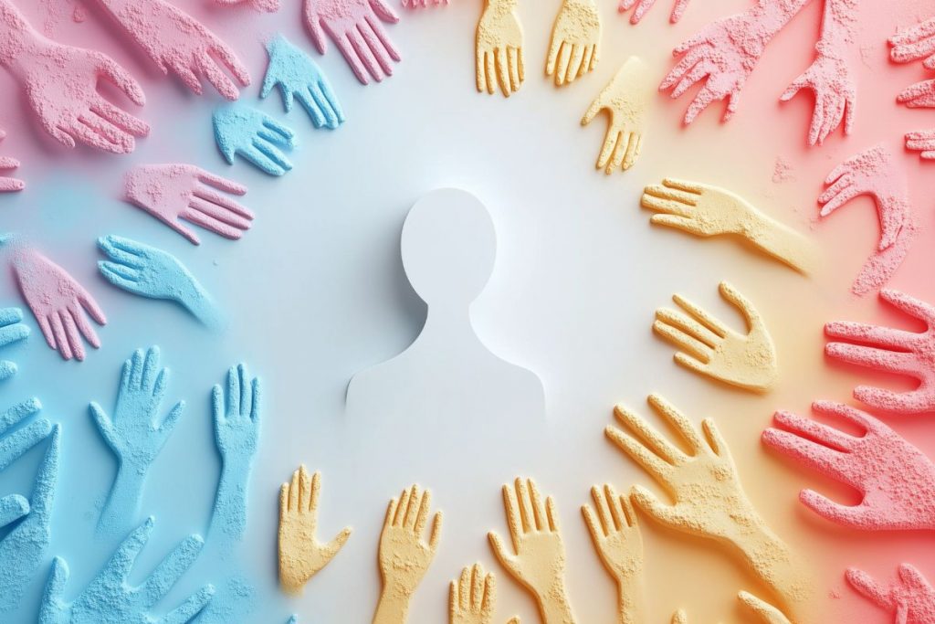 A white silhouette of a human figure is surrounded by a circle of colorful hands (pink, blue, and yellow) made of powder or sand, symbolising community support, participation and diversity.