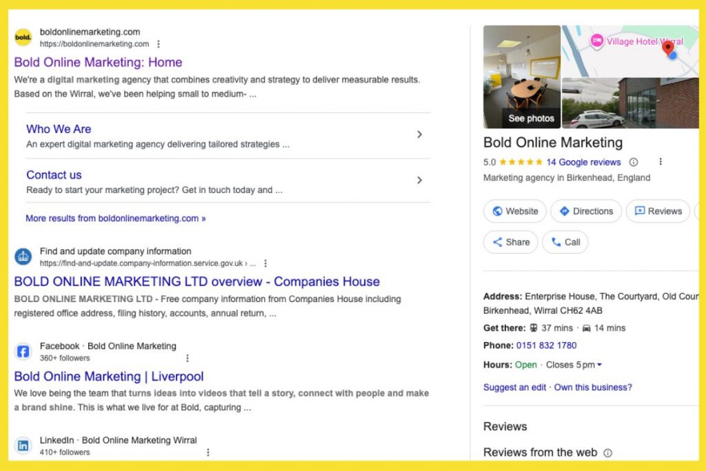 A screenshot of the Google Business Profile knowledge panel for Bold Online Marketing, displaying their 5.0-star rating, 14 reviews, and contact details for their Birkenhead, Wirral location.