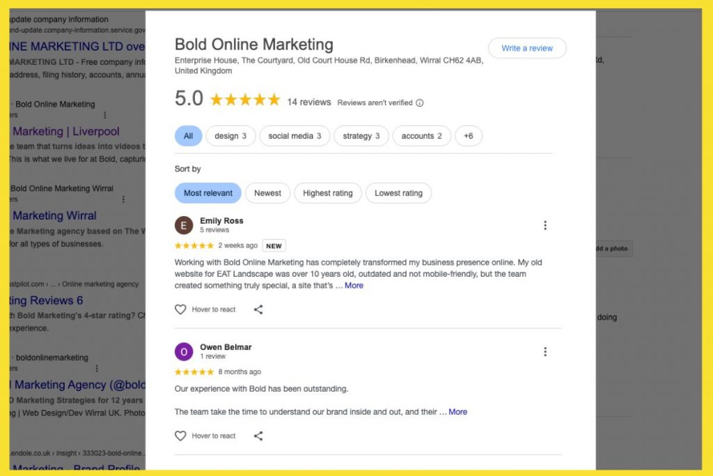 A detailed screenshot of Google Reviews for Bold Online Marketing showing a 5.0-star rating and two positive customer testimonials.