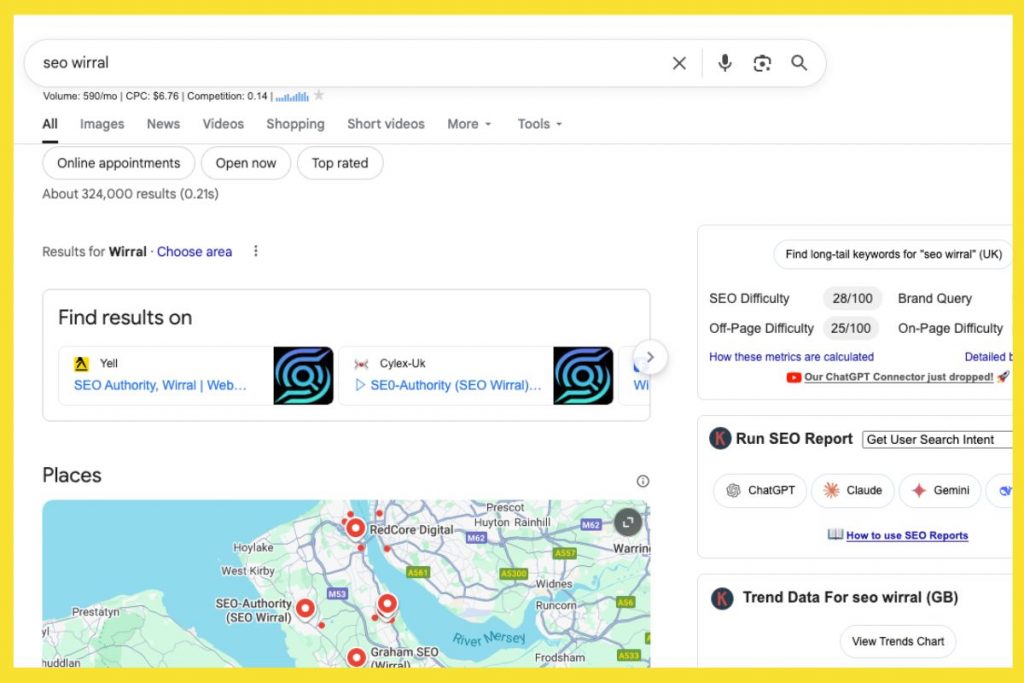 A screenshot of a Google search for "seo wirral" showing SEO metrics (Difficulty 28/100) and a local map pack of businesses in the Wirral area.