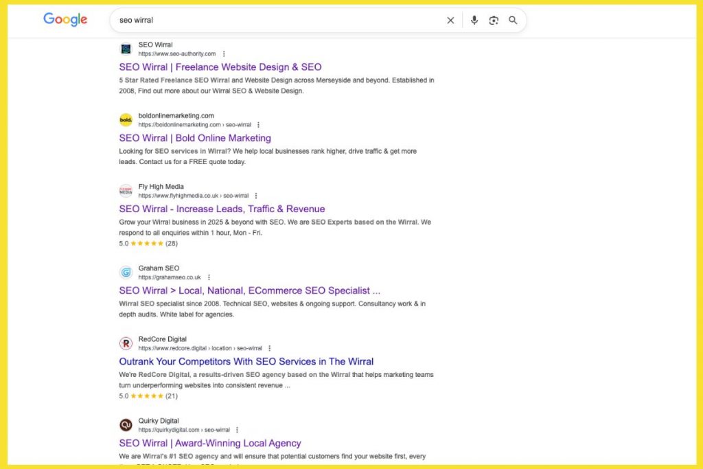 A Google search results page for "seo wirral" showing various local SEO agencies, with boldonlinemarketing.com appearing as a top result.