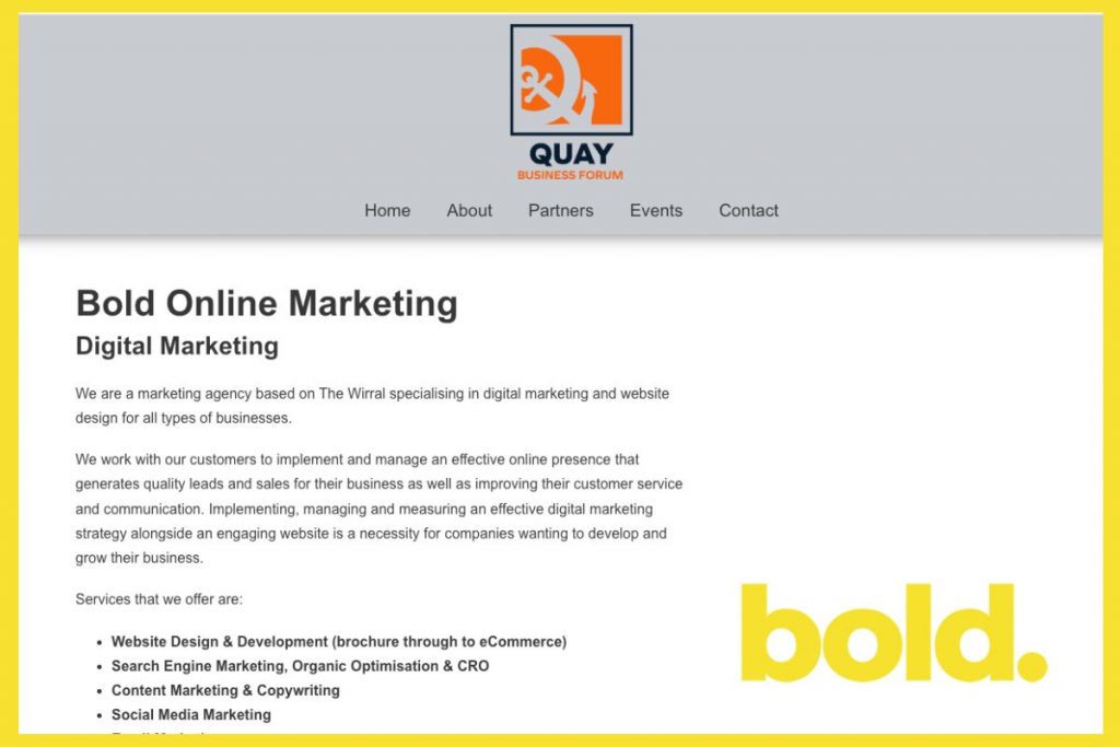 A webpage from the Quay Business Forum featuring an overview of Bold Online Marketing's digital marketing services, including SEO and website design.