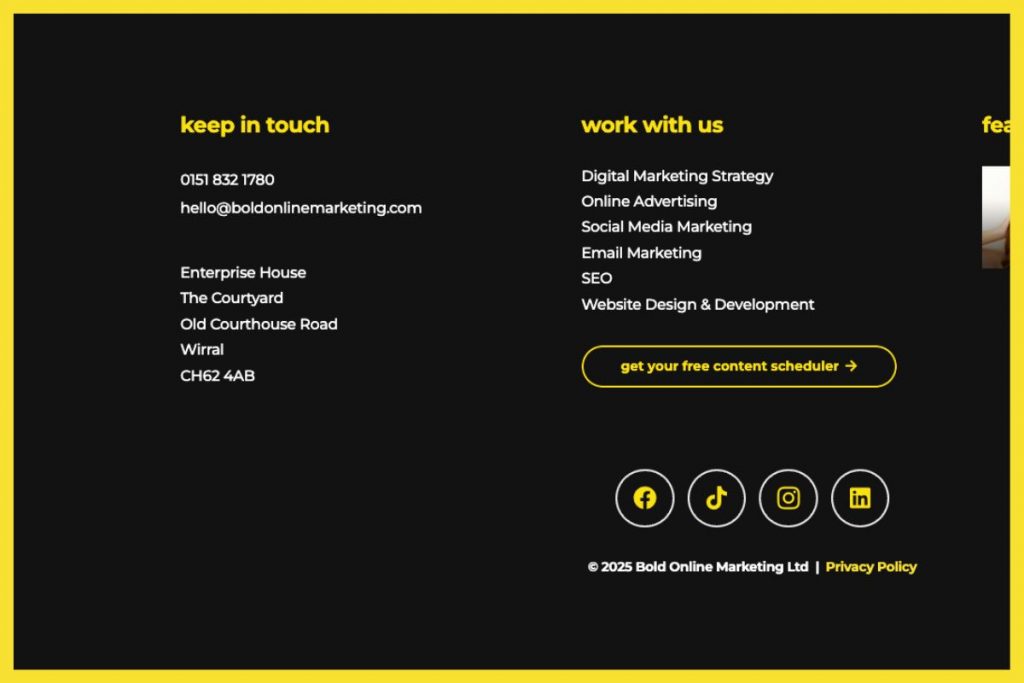 A screenshot of the dark footer section of the Bold Online Marketing website, detailing contact information (phone, email, Wirral address), services, and social media links.