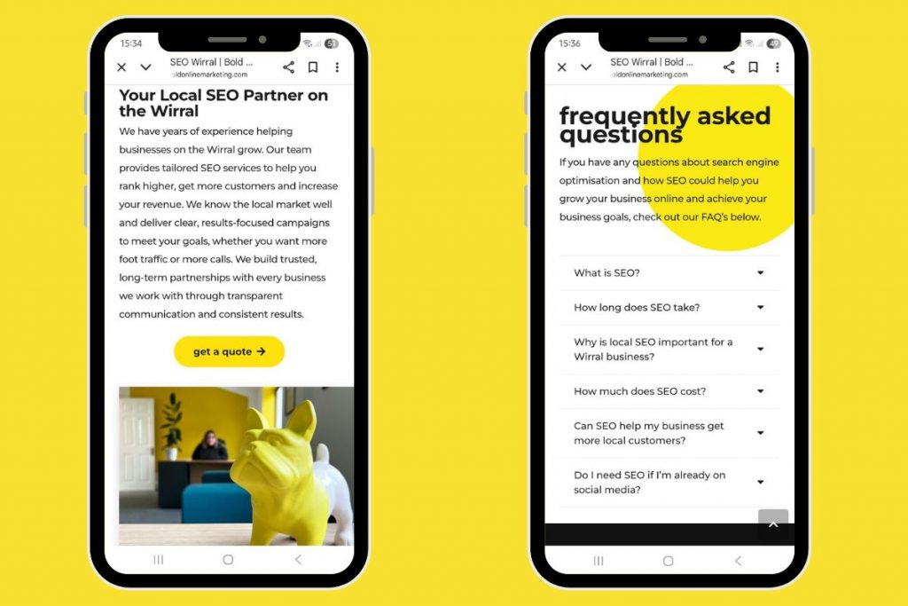 A side-by-side view of the Bold Online Marketing website on a mobile device, showing the "Local SEO Partner on the Wirral" section and a Frequently Asked Questions (FAQ) section.