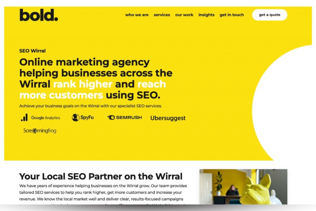 The top section of the Bold Online Marketing website's SEO Wirral page, featuring a bold yellow banner with the key text "Online marketing agency helping businesses across the Wirral rank higher and reach more customers using SEO."