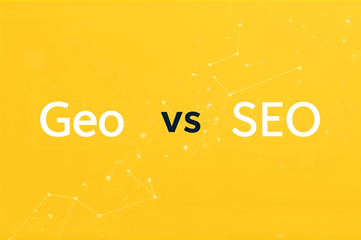 A simple graphic on a solid yellow background showing the white text "Geo vs SEO" with the "vs" in black and on a small black background.