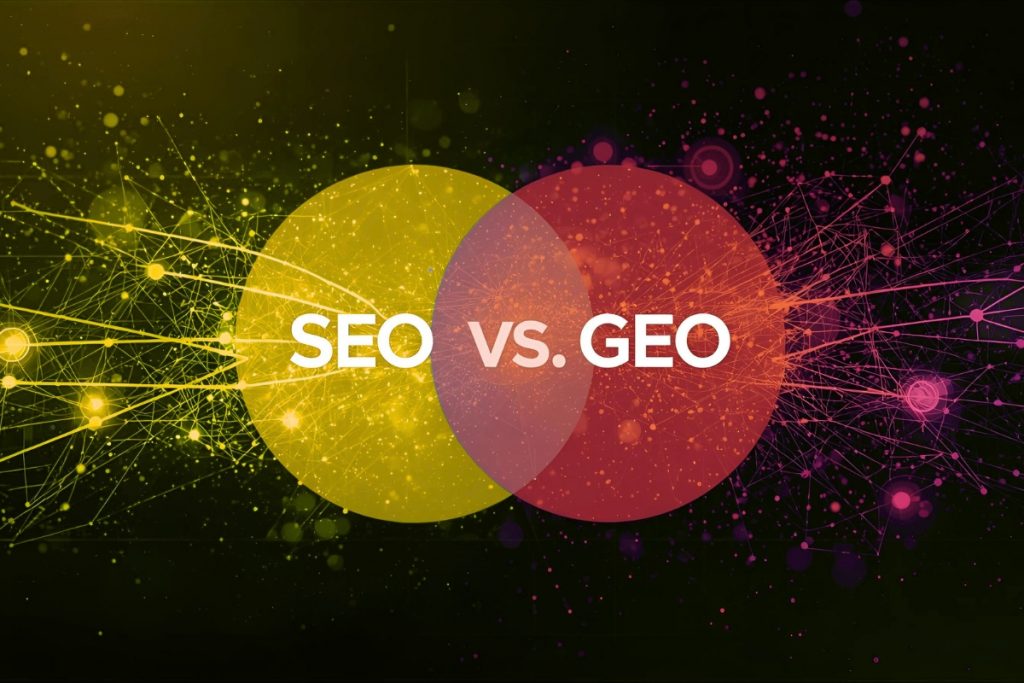 A dark, abstract background with glowing yellow and pink data networks, featuring two overlapping circles. The yellow circle is labeled "SEO" and the red circle is labeled "VS. GEO" in the centre overlap.