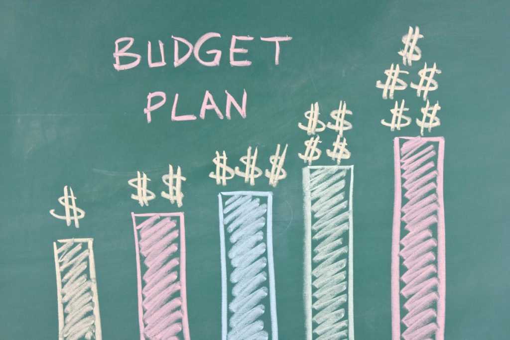 A green chalkboard with the words "BUDGET PLAN" written in pink chalk above a hand-drawn bar chart showing five columns increasing in height. Each column is topped with chalk dollar signs representing growth.