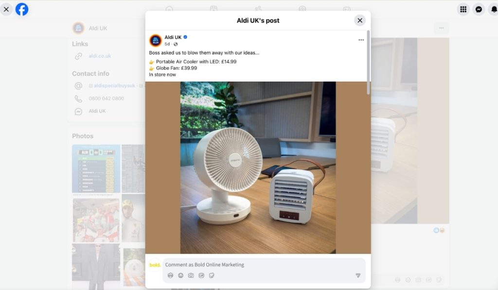 A screenshot of an Aldi UK Facebook post showcasing a white globe fan and a portable mini air cooler on a wooden table.