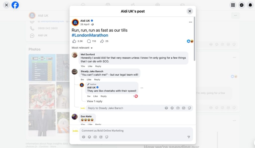An Aldi UK Facebook post reading "Run, run, run as fast as our tills #LondonMarathon" with witty user comments beneath it.