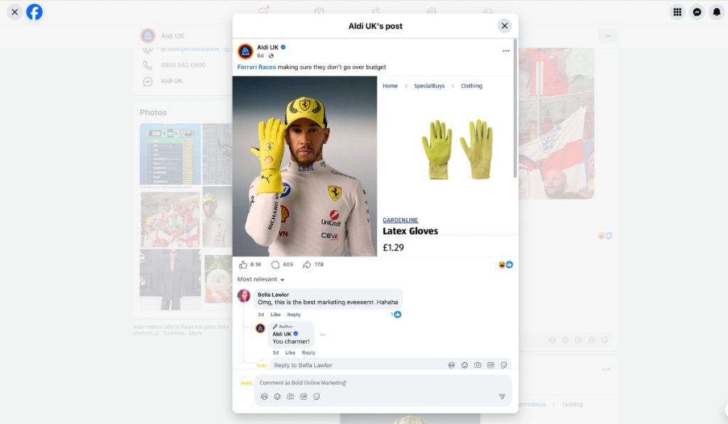 An Aldi UK Facebook post pairing a photo of a Formula 1 driver wearing yellow racing gloves with a product shot of Aldi garden latex gloves.