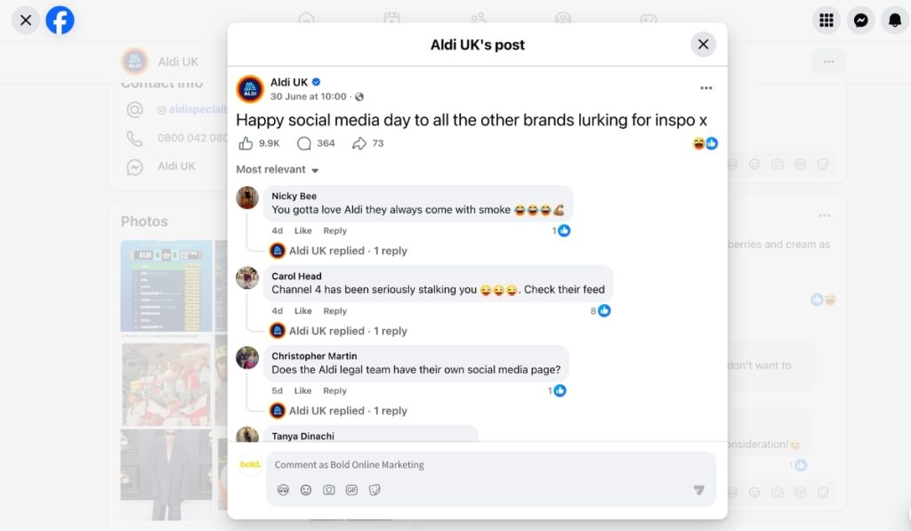 A screenshot of an Aldi UK Facebook post celebrating Social Media Day, featuring highly engaged and humorous user comments.