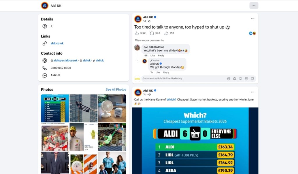 An overview of the Aldi UK Facebook timeline page, displaying details, photos, and a promotional graphic comparing supermarket prices.