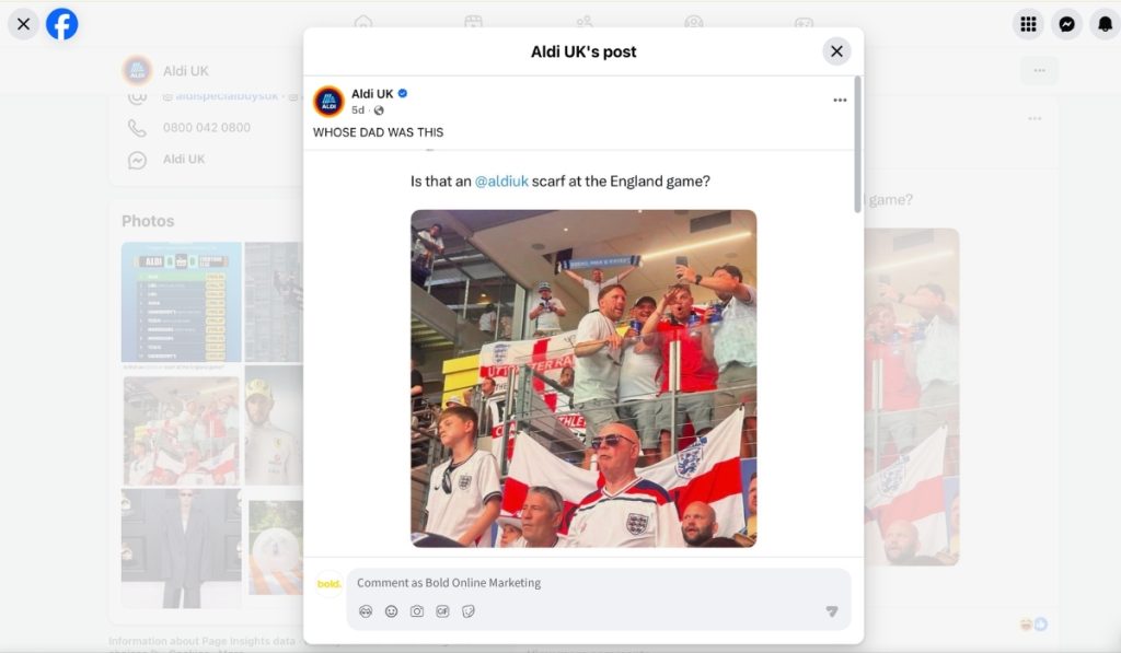 An Aldi UK Facebook post featuring a photo of English football fans in stadium stands with the caption "WHOSE DAD WAS THIS".