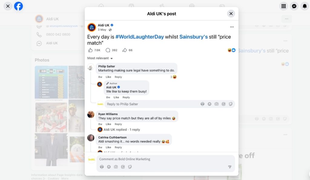 A screenshot of a humorous Aldi UK Facebook post referencing World Laughter Day and poking fun at competitor price matching.
