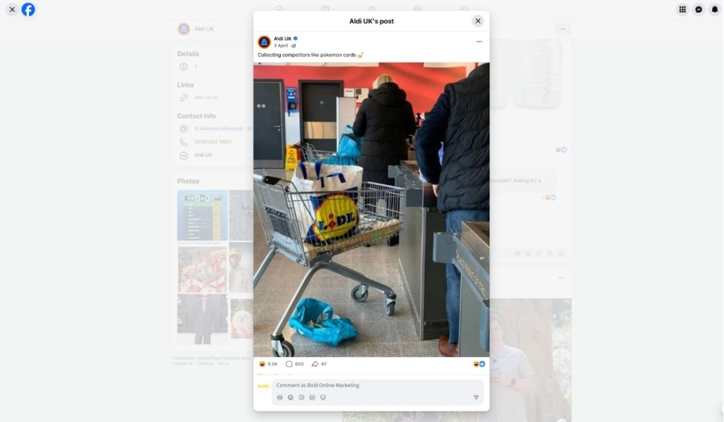 An Aldi UK Facebook post showing a shopping trolley inside an Aldi store holding a competitor's reusable shopping bag, captioned "Collecting competitors like pokemon cards".