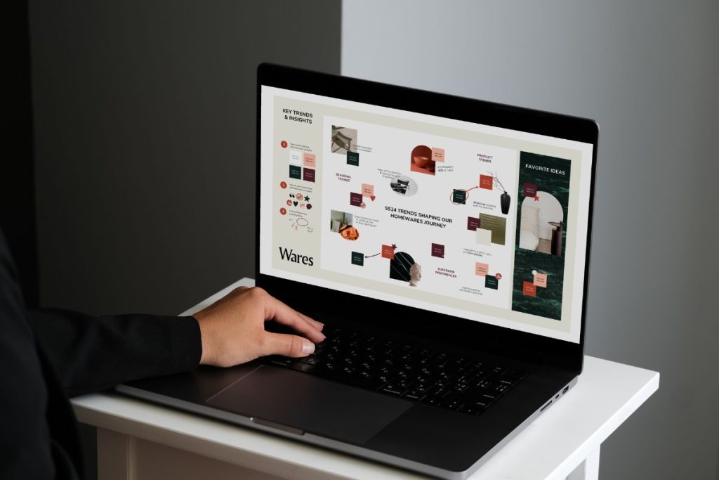 A person using a laptop that displays a digital mood board outlining visual brand trends and insights titled "Wares."